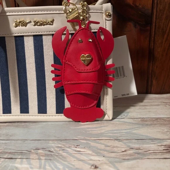Betsy Johnson Navy and White Striped Mini Bag with Red Lobster Charm - Picture 3 of 14
